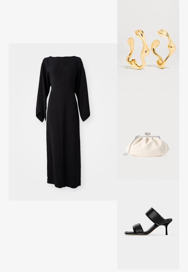 Vestido negro de manga larga con corte recto, con un escote barco y textura suave y lisa. Sin patrones visibles ni detalles de hardware.; Sandalia mule de cuero negro con dos tiras anchas y un tacón de aguja delgado de altura media sobre un fondo claro y sencillo.; Bolso de mano de tela color crema con diseño fruncido, marco metálico plateado, dos bolas decorativas y correa de cadena plateada.; Pendientes de aro asimétricos ondulados en tono dorado con un acabado pulido y reflectante sobre un fondo claro y liso.