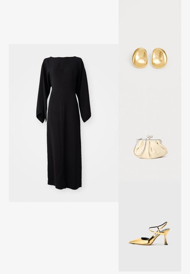 Vestido negro de manga larga con corte recto, con un escote barco y textura suave y lisa. Sin patrones visibles ni detalles de hardware.; Zapato de tacón alto metálico dorado con punta afilada, lado abierto, tiras entrecruzadas en el tobillo y un tacón de forma única.; Clutch de cuero beige plisado con un marco de metal plateado, que cuenta con dos broches decorativos redondos y una correa de cadena plateada.; Pendientes de studs en color dorado con una forma suave y redondeada y una superficie reflectante, que exhiben un diseño minimalista y sin patrones visibles.