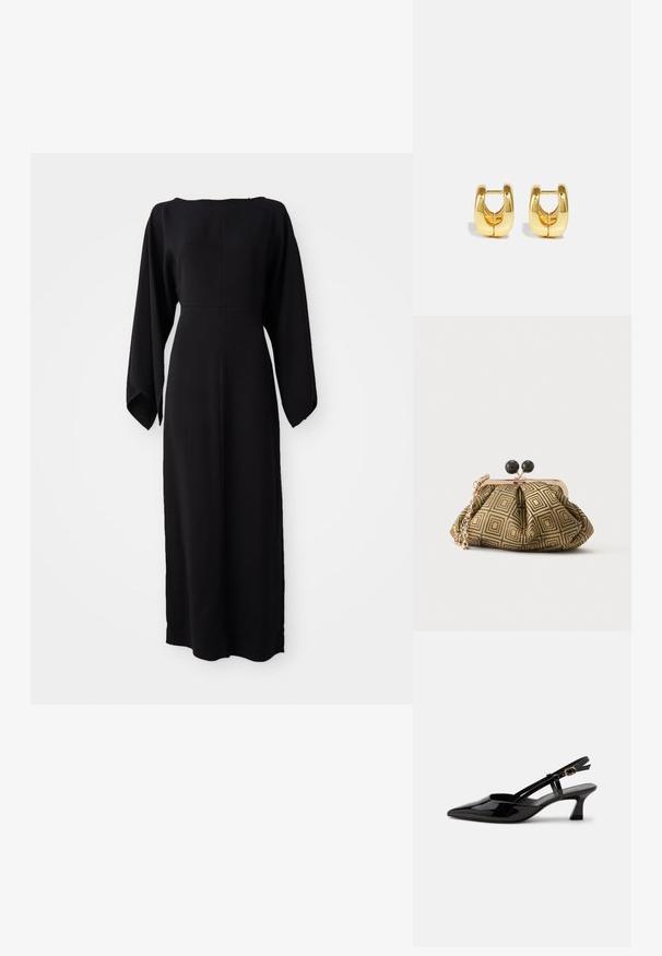 Zwarte lange mouw jurk met een rechte snit, voorzien van een bootneklijn en een zachte, gladde textuur. Geen zichtbare patronen of hardware details.; Zwarte lakleren slingback kitten heel schoen met spitse neus en verstelbare gouden gespsluiting op een witte achtergrond.; Kleine clutch tas met goud-zwart geometrisch patroon, goudkleurig metalen frame, zwarte bolsluiting en een korte gouden kettingband.; Gouden hoepeloorknoppen met een slank, rond ontwerp. Heeft een holle center en een glanzend oppervlak, wat modern stijlen aanvult.