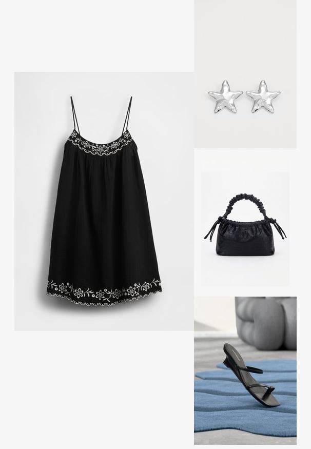 Robe d'été noire avec bretelles spaghetti réglables, ornée de broderies florales blanches et d'un ourlet festonné le long du bord inférieur. Tissu texturé.; Sandale noire à brides avec boucle d’orteil exposée sur un tapis texturé bleu, avec un grand objet décoratif gris flouté en arrière-plan.; Sac à main noir avec texture crocodile, bord supérieur froncé, poignée plissée et pompons à cordon de chaque côté sur fond blanc.; Boucles d'oreilles argentées en forme d'étoile, avec une surface lisse et brillante. Chaque boucle d'oreille possède cinq pointes et des détails subtils de texture de surface.