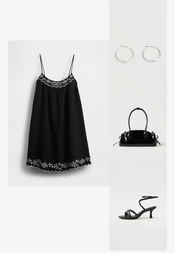 Robe d'été noire avec bretelles spaghetti réglables, ornée de broderies florales blanches et d'un ourlet festonné le long du bord inférieur. Tissu texturé.; Even&Odd Wide Fit by Zalando Sandales - black; Petit sac à main noir brillant avec deux longues anses et des détails à cordon sur les côtés sur un fond clair uni.; Boucles d’oreilles créoles en métal argenté avec une surface lisse légèrement incurvée et des fermoirs à clapet sur un fond blanc uni.