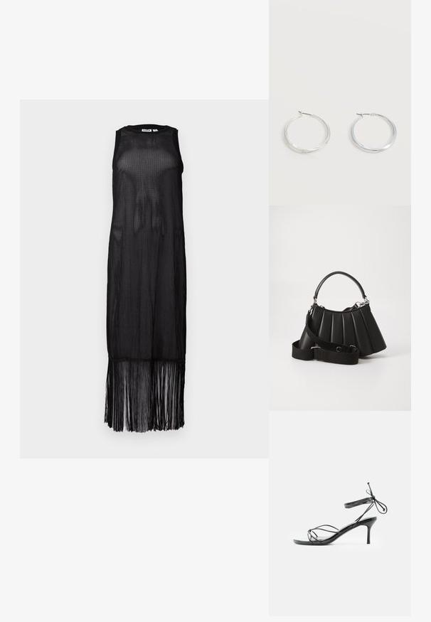 Vestido negro sin mangas hecho de tela de malla transparente, con un corte recto y un dobladillo con flecos que añade movimiento al diseño.; Sandalia negra de tacón alto con tiras y lazos delgados en el tobillo, con tacón stiletto de altura media sobre un fondo blanco.; Bolso de mano negro con pliegues, manejo redondeado, correa ajustable y textura brillante. Presenta herrajes plateados y una silueta estructurada.; Pendientes de aro de metal plateado con superficie lisa y ligeramente curvada y cierre de tipo mosquetón sobre un fondo blanco liso.
