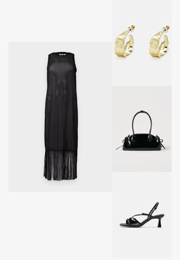 Vestido negro sin mangas hecho de tela de malla transparente, con un corte recto y un dobladillo con flecos que añade movimiento al diseño.; Call it Spring DIANAH - Sandalias - black; Pequeño bolso negro brillante con dos asas largas y detalles de cordón lateral sobre un fondo claro liso.; Pendientes en tono dorado con forma de manos abstractas, que presentan una superficie brillante, detalles intrincados y un poste de plata y oro para un ajuste seguro.