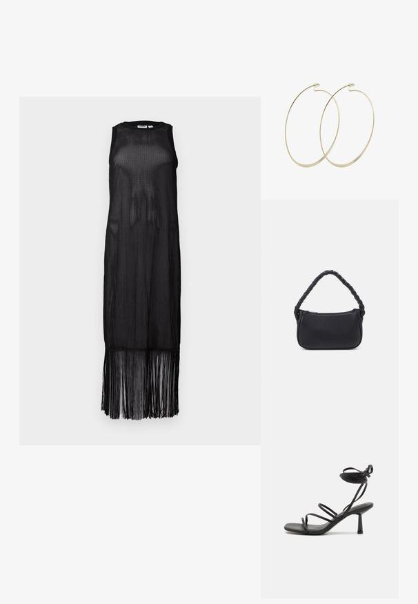 Schwarzes ärmelloses Kleid aus transparenter Mesh-Optik, mit geradem Schnitt und einem fransigen Saum, der dem Design Bewegung verleiht.; Schwarze Sandale mit Riemchen, quadratischer Zehenpartie, verstellbaren Knöchelbindungen und einem schmalen Blockabsatz. Hergestellt aus einem glatten, strapazierfähigen Material.; Schwarze Handtasche mit runder Form, aus glattem Material gefertigt. Verfügt über einen geflochtenen Griff und einen Reißverschluss für sicheren Stauraum.; Pilgrim Ohrringe - gold-coloured