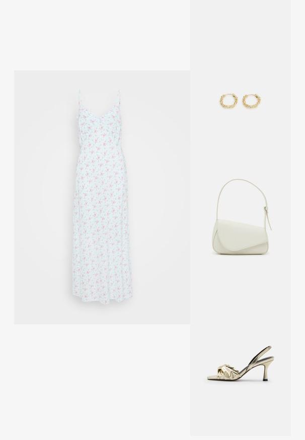Florales Midikleid in Hellblau mit kleinen rosa und grünen Mustern. Verstellbare Träger, V-Ausschnitt und fließender Stoff.; Goldene Satin-Slingback-Pumps mit einem geknoteten Design an der Vorderseite. Verfügt über einen schmalen Stiletto-Absatz und eine glatte Textur.; Weiße Kunstleder-Handtasche mit einer strukturierten dreieckigen Form, einem verstellbaren Einzelgurt und einem Klappenverschluss mit geschwungenen Akzenten.; Goldene Creolen mit strukturiertem Design und kleinen, rundlichen Perlen, die gleichmäßig um die Creole angeordnet sind. Leichte Metallkonstruktion.