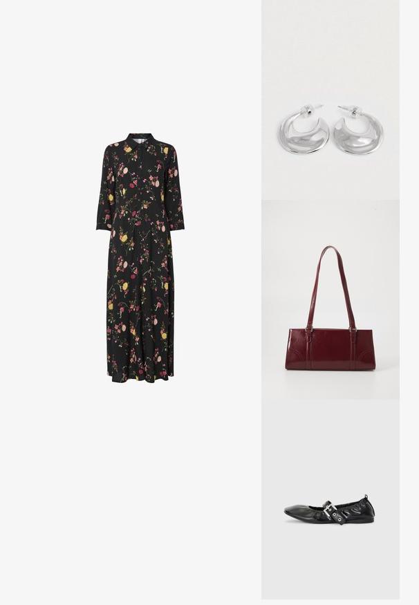 Zwarte bloemen maxi-jurk met een kraag, voorzien van roze, gele en groene bloemenpatronen, lange mouwen en een knoopsluiting aan de voorkant.; Zwarte leren platte schoen met een spitse neus, geplooide details rond de opening en een zilveren gespaccentueerde verstelbare band.; Bourgondische handtas van glanzend materiaal, rechthoekige vorm, met twee schouderbanden en subtiele gebogen accenten aan de voorkant.; Een paar gepolijste zilveren halve maanvormige creolen met heldere plastic achterkanten op een witte ondergrond.