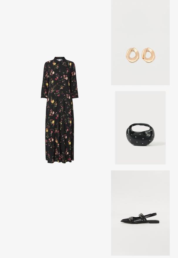 Sort blomster maxi kjole med krave, prydet med pink, gul og grøn blomstermønstre, lange ærmer og knap-lukning foran.; Even&Odd by Zalando Slingback-ballerinasko - black; Sort læderhåndtaske med en rundet form, dekoreret med sølvnitter, og et kort håndtag. Glat tekstur og lynlåslukning.; Par af uregelmæssigt formede, polerede øreringe i guldfarvet metal med åben midte på en ens hvid baggrund.