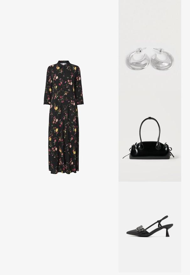Sort blomster maxi kjole med krave, prydet med pink, gul og grøn blomstermønstre, lange ærmer og knap-lukning foran.; Simmi London DALA - Pumps - black; Lille sort blank håndtaske med to lange håndtag og snøre-detaljer i siden på en ensfarvet lys baggrund.; Et par polerede sølv halvmåneformede hoop øreringe med klare plastikbagsider på en hvid overflade.