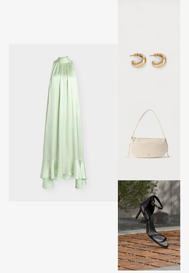 Robe sans manches en satin vert clair avec col montant, détail froncé à la poitrine et ourlet à volants.; Sandale noire à talon haut avec sangle à la cheville, suspendue au-dessus d'un sol en carreaux de bois à l'extérieur, avec un arrière-plan flou de verdure et de pierre.; Petit sac à épaule de couleur crème avec une seule sangle, fermeture éclair et logo de marque doré discret à l'avant.; Deux boucles d'oreilles en forme de cerceau en or brillant, avec un design courbé, présentant des accents orange près de la tige, sur fond blanc uni.