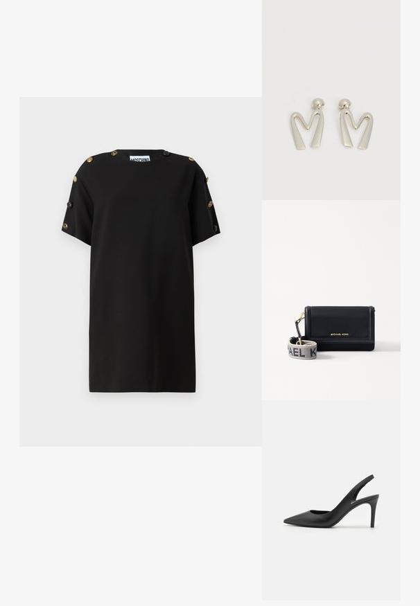 Musta lyhythihainen paita sileästä kankaasta, jossa on suuret koristeelliset napit olkapäillä ja rento leikkaus. Pyöreä kaula-aukko.; Musta nahkainen slingback-korkokengät, joissa on terävä kärki, etuosassa leikkaus ja ohut stiletto-korko.; MICHAEL Michael Kors JET SET SM PHONE WBG XBODY - Olkalaukku - black; Pari hopeanvärisiä metallikorvakoruja, jotka on muotoiltu kulmikkaiksi M-kirjaimiksi ja joissa on pyöristetyt tapit valkoisella taustalla.