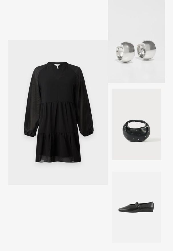 Robe noire avec un décolleté en V, de longues manches transparentes et un design à volants. Fabriquée dans un tissu lisse avec une silhouette fluide.; Chaussure plate en cuir noir avec un orteil pointu, présentant une sangle à boucle métallique sur le cou-de-pied et une semelle basse et flexible.; Sac à main en cuir noir de forme arrondie, décoré de clous argentés et équipé d'une poignée courte. Texture lisse et fermeture éclair.; Uncommon Matters SCULPTURAL LARGE CREOLE - Boucles d'oreilles - silver-coloured