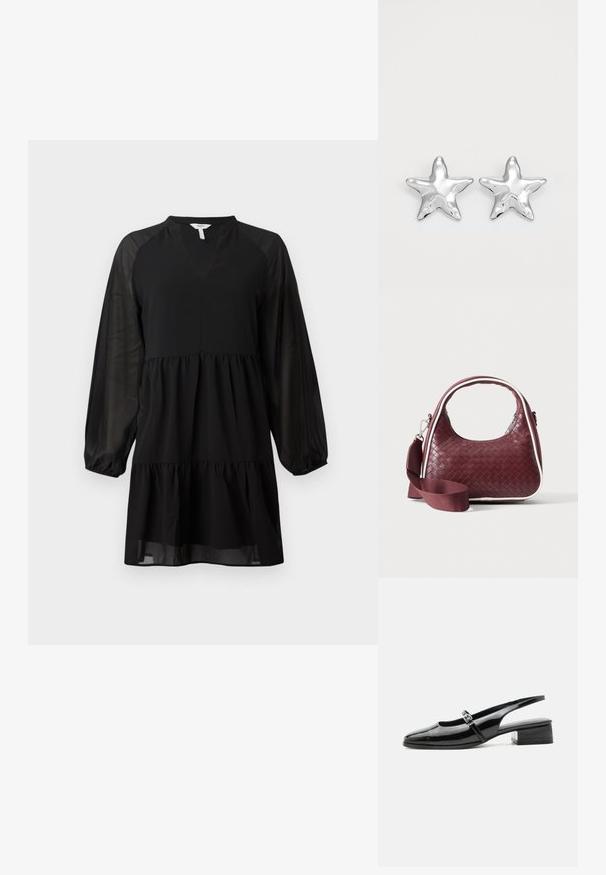 Zwarte jurk met een V-hals, lange doorzichtige mouwen en een gelaagd ontwerp. Gemaakt van een soepele stof met een vloeiende silhoutte.; Zwarte lakleren slingback schoen met een lage blokhak en een dunne band met zilveren gesp bovenop.; Donkerrode geweven leren handtas met gebogen handvat, witte bies, zilveren rits en afneembare brede stoffen schouderriem tegen een effen achtergrond.; Zilveren stervormige oorbellen met een gepolijste, glanzende afwerking. Elke oorbel heeft vijf punten en subtiele textuurdetails op het oppervlak.