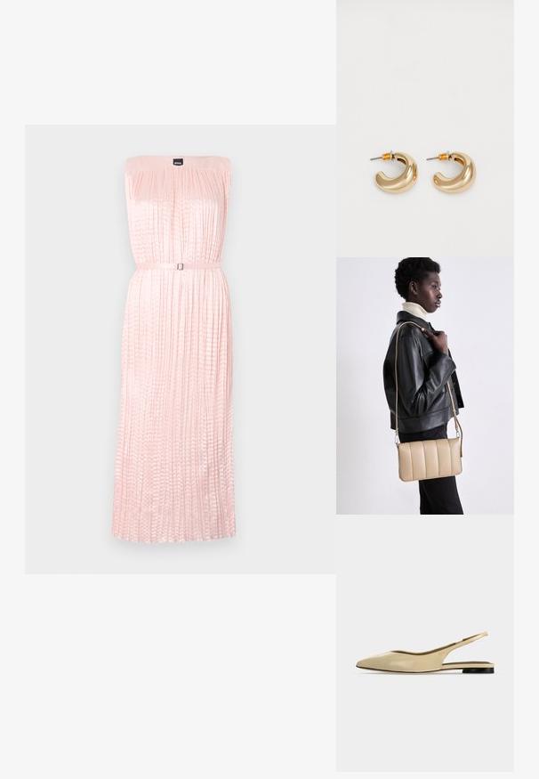 Faltendes, trägerloses Kleid aus zartem rosa Stoff mit eng anliegendem Oberteil und einem silberne Schnalle im Taillenbereich. Glattes, fließendes Rockdesign.; Beiger Slingback-Ballerina mit spitzer Kappe, niedrigem schwarzem Absatz und glattem Lederfinish, seitlich auf einfarbigem Hintergrund gezeigt.; Beige Leder-Crossbody-Tasche mit gestepptem Muster, rechteckiger Form, dünnem Trageriemen und silberner Hardware, getragen von einer Person in einer schwarzen Jacke.; Zwei glänzende goldene Creolen in einem geschwungenen Design mit orangefarbenen Akzenten nahe dem Stecker, vor einem schlichten weißen Hintergrund.