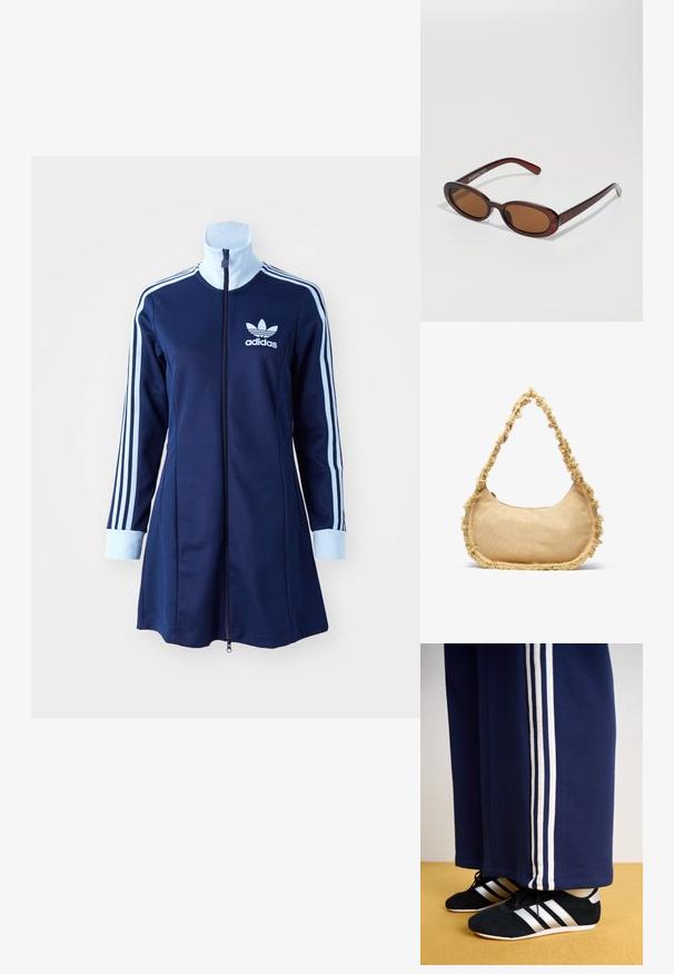 Tumesinine adidas'i kapuutsi kleit pika varrukaga, helesinised triibud käte peal ja logo rinnal. Sile kangas sportliku disainiga.; Tumesinised spordipüksid kolme valge vertikaalse triibuga ja mustad športlikud kingad hõbedaste triipudega ning tekstuuriga pinnaga. Kollane põrand.; Ümar, pruunikased päikeseprillid läikiva burgundia raami ja peente kaubamärgi detailidega. Peened sangad ja lame läätsedesain.; Tekstuuriga beez kott, ümar kuju, narmastega ääred ja lühike rihm kaasas kandmiseks. Ülemine lukuga ava.