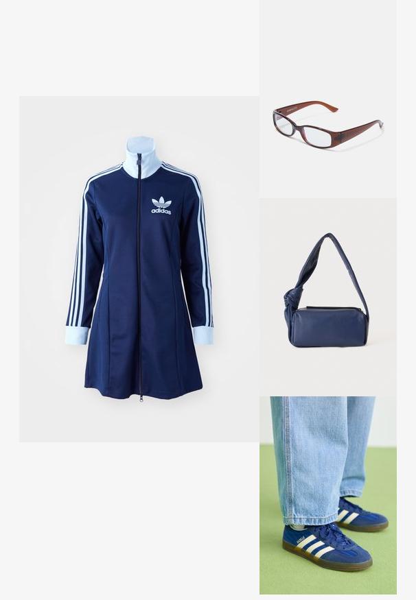 Námornícké adidas šaty na zips s dlhými rukávmi, svetlomodré pruhy pozdĺž rúk a logo na hrudi. Hladká tkanina s športovým dizajnom.; Modré semišové tenisky s bielymi pruhmi a textúrovanými vzormi, obuté s svetlomodrými džínsami, na pozadí zelenej farby.; Hnedé obdĺžnikové okuliare s lesklým povrchom, s štíhlymi rámami a priehľadnými šošovkami. Logo je viditeľné na ľavom ramene.; Tmavomodrá obdĺžniková kožená taška cez rameno s mäkkým, zauzleným popruhom a zipsom na vrchu, zobrazená na jednofarebnom pozadí.