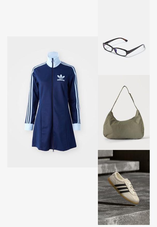 Námornícké adidas šaty na zips s dlhými rukávmi, svetlomodré pruhy pozdĺž rúk a logo na hrudi. Hladká tkanina s športovým dizajnom.; Biela teniska s čiernymi pruhmi a gumovou podrážkou vznášajúca sa nad betónovým schodiskom v mäkkom dennom svetle.; Obdĺžnikové okuliare s korytnačkovým vzorom, čierny plastový rám a priehľadné šošovky. Vlastnosti tenkých spôn a mierny ohyb na koncoch.; Olivovo zelená mäkká látková taška cez rameno so zipsovým uzáverom a nastaviteľným popruhom na svetlom jednofarebnom pozadí.