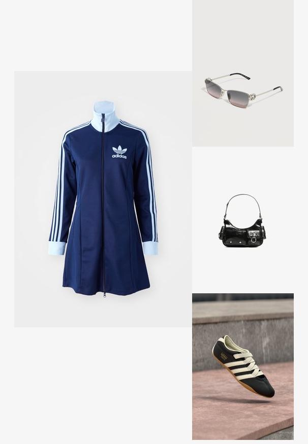Tummansininen adidas vetoketjullinen mekko pitkillä hihoilla, vaaleansiniset raidat käsivarsilla ja logo rinnassa. Sileä kangas, joka on urheilullisen näköinen.; Musta urheilukenkä, jossa on kermanväriset raidat ja nauhat, matala profiili, sileä pinta ja kumipohja pitävyyttä varten. Brändin merkki näkyvissä.; Hopeakehyksiset aurinkolasit, joissa on suorakaiteenmuotoiset liukuvärilliset linssit, mustat sankojen päät ja koristeellinen jalokivikoristeinen Guccin logo sangoissa saranoiden lähellä.; Mustekko mustasta kiiltonahasta valmistettu käsilaukku, jossa on kaareva muoto, yksi olkahihna, etutaskut ja hopeanväriset yksityiskohdat.