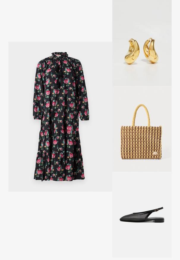 Maxikleid mit floralem Muster in Schwarz, verziert mit pinken Rosen und grünen Blättern. Es hat einen gerafften Ausschnitt, lange Ärmel und ein gestuftes Rockdesign.; Schwarzer Slingback-Flachschuh mit spitzer Kappe, Mesh-Obermaterial, verstellbarem Schnallenriemen und niedrigem Blockabsatz auf weißem Hintergrund.; Gewebte Tasche in Braun und Gelb, mit rechteckiger Form, zwei Tragriemen und einer strukturierten Oberfläche mit sichtbaren Nähten und einem Markenschild.; Goldene Creolen mit einer glatten, geschwungenen Form und polierter Oberfläche. Mit einem Verschlussmechanismus und leichten Einkerbungen für Details.