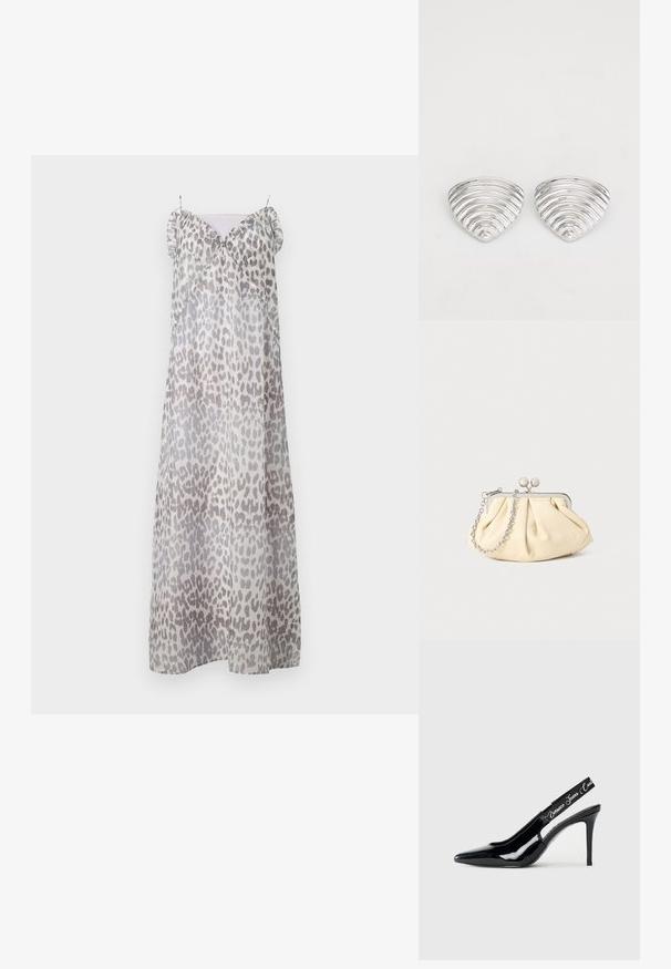 Baum und Pferdgarten ALVINE - Maksikleit - grey; Must must kuld- ja patendi nahast slingback kontsaga kingad terava varba kujundusega, millel on lõikeosa ja elastne rihm, milles on brändi nimi reljeefina sisse pressitud.; Kortsus beežist nahast kotike, millel on hõbedane metallraam, kaunistatud kahe ümmarguse dekoratiivse lukuga ja hõbedase ketispideme. ; Hõbedased kõrvarõngad, millel on laineline, tekstureeritud disain, mis on kujundatud nagu kattuvad poolkuud; poleeritud viimistlus tugevdab peegeldavaid omadusi.