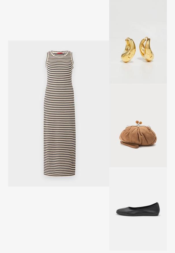 Stribet maxi kjole med tætsiddende design, uden ærmer og rund halsudskæring. Farverne inkluderer sort og beige i vandrette striber.; Sort læderballetsko med rund tå, glat tekstur, minimal syning og et fleksibelt såldesign.; Lille blød brun ruskind clutch taske med rynket stof, metal-lukning, træperledekorationer og håndledsrem på hvid baggrund.; Guldringeøreringe med en glat, buet form og poleret overflade. Udstyret med en lukkeanordning og lette fordybninger for detaljer.