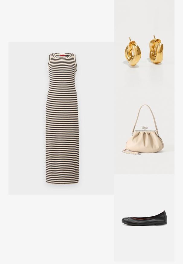 Gestreiftes Maxikleid mit tailliertem Schnitt, ärmellosem Stil und rundem Ausschnitt. Die Farben umfassen Schwarz und Beige in horizontalen Streifen.; Schwarze Leder-Ballerinas mit runder Zehenpartie und glänzender Kappen-Detail. Sie verfügen über eine glatte Textur und dezente Nähte entlang der oberen Kante.; Beige weiche Lederhandtasche mit silbernem Metallrahmenverschluss, einem Schulterriemen und einem optionalen Kettenriemen auf weißem Hintergrund.; Fette goldene Creolen mit einem leicht verdrehten, röhrenförmigen Design und Steckverschlüssen auf einem weißen Hintergrund.