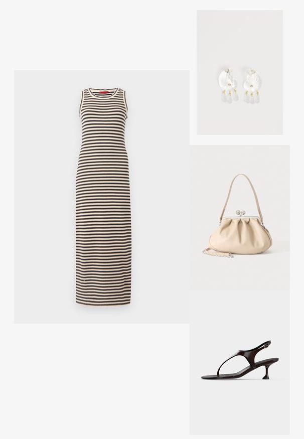 Gestreepte maxi-jurk met een aansluitend ontwerp, mouwloos en met een ronde hals. Kleuren zijn zwart en beige in horizontale strepen.; Donkerbruine lakleren slingbacksandaal met kittenheel en teenbandje op witte achtergrond.; Beige zachte leren handtas met een zilveren metalen frame sluiting, een enkele schouderriem en een optionele kettingriem op een witte achtergrond.; Duidelijke hars oorbellen in schelpvorm met kleine gouden accenten en drie hangende doorschijnende druppelvormige bedels aan elk oorbel.