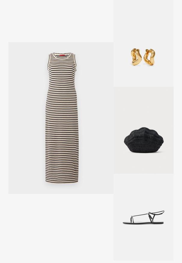Gestreiftes Maxikleid mit tailliertem Schnitt, ärmellosem Stil und rundem Ausschnitt. Die Farben umfassen Schwarz und Beige in horizontalen Streifen.; Schwarze flache Sandale mit dünnen Riemen, einer Zehenschlaufe und einer verstellbaren Knöchelschnalle auf hellgrauem Hintergrund.; Schwarze Korbtasche in Muschelform mit gebogenem Oberteil und gewebter Textur auf einfarbigem Hintergrund.; Goldfarbene Creolen mit wellenförmigem Design, das eine glatte, glänzende Oberfläche und eine stromlinienförmige Form aufweist. Keine sichtbaren Verschlüsse.