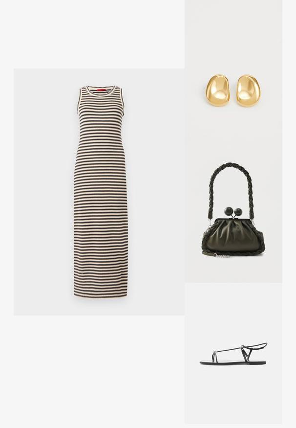 Stribet maxi kjole med tætsiddende design, uden ærmer og rund halsudskæring. Farverne inkluderer sort og beige i vandrette striber.; Sort flad sandal med tynde remme, en tå-løkke og en justerbar ankelspænde på en lys grå baggrund.; Olivengrøn læderhåndtaske med flettet håndtag og sølvhardware, med en samlet design og runde låsedetaljer på toppen.; Guldfarvede stud øreringe med en glat, rund form og en reflekterende overflade, der fremhæver et minimalistisk design uden synlige mønstre.