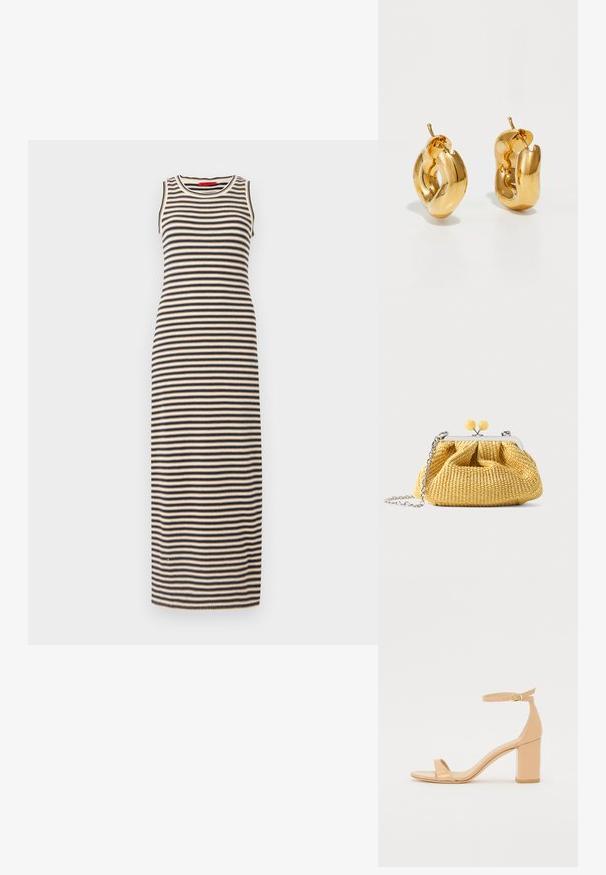 Stribet maxi kjole med tætsiddende design, uden ærmer og rund halsudskæring. Farverne inkluderer sort og beige i vandrette striber.; Nude patenterede læderhælede sandaler med firkantet tå, ankelrem og en chunky blokhæle. Glat overflade og minimale designdetaljer.; Lille gul vævet håndtaske med sølvramme, to gule kuglelåse og en sølvkæde som rem på hvid baggrund.; Chunky guld hoop øreringe med et let snoet, rørformet design og postsystem bagpå, på en hvid baggrund.