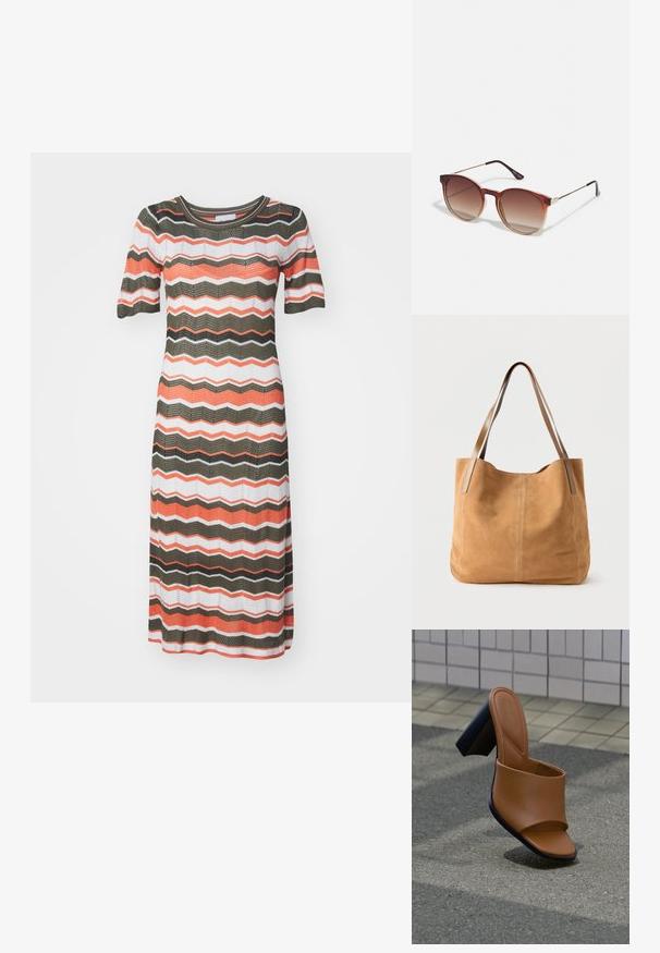 Robe tricotée avec un col rond et des manches courtes. Présente des motifs en zigzag en orange, blanc et vert, avec une texture tricotée ajourée.; Sandale à enfiler en simili cuir marron avec une texture lisse, bout ouvert et un talon épais noir. Design minimaliste, avec une large bride traversant le pied.; Lunettes de soleil rondes avec des verres dégradés marron, une monture en acétate écaille de tortue, et des accents en métal doré sur le pont et les branches.; Sac fourre-tout en daim beige avec de longues anses en cuir marron clair, texture douce et couture simple sur un fond blanc uni.