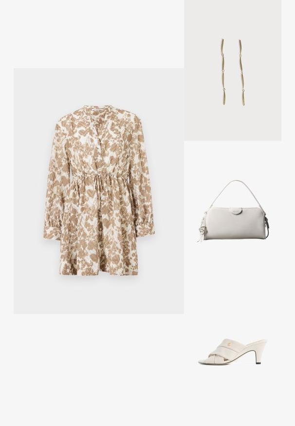 Bruin en crèmekleurig gemêleerd jurkje, met lange mouwen, een ronde hals, knoopsluiting aan de voorkant en een taille met trekkoord voor een verstelbare pasvorm.; Beige hoge hakken mules met een gedraaide lederen band, open teen en een reliëf logo-accent. De hak heeft een zwarte puntdetail.; Witte rechthoekige Calvin Klein handtas met enkele handgreep, minimalistisch ontwerp en decoratieve kwastjes met geometrische metalen hanger aan de zijkant.; Lange gouden oorbellen bestaande uit vier verlengde gekoppelde gebogen staven op een witte achtergrond.