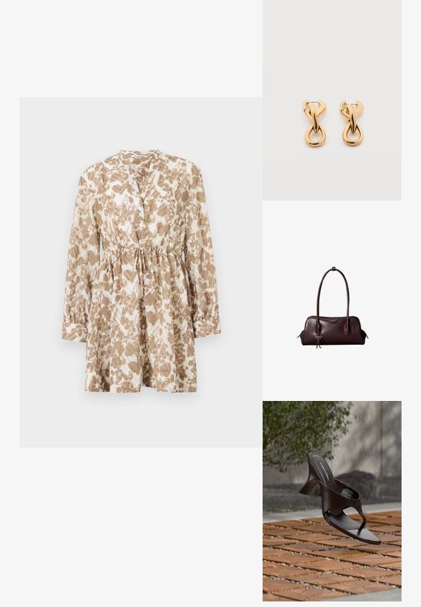Braunes und cremefarbenes gemustertes Kleid mit langen Ärmeln, einem runden Ausschnitt, Knopfleiste und verstellbarem Kordelzug in der Taille.; Braune Calvin Klein Sandalette mit Absatz und Zehensteg, schwebend über einem Boden aus Holzfliesen und Kies im Freien, mit verschwommenem Grün und Stein im Hintergrund.; Dunkelbraune Lederhandtasche von Calvin Klein mit langen doppelten Griffen und einem kleinen Logoanhänger, der an einem Griff hängt.; Paar glänzende goldfarbene Creolen mit verschlungenem, verdrehtem Design auf schlichten weißem Hintergrund.