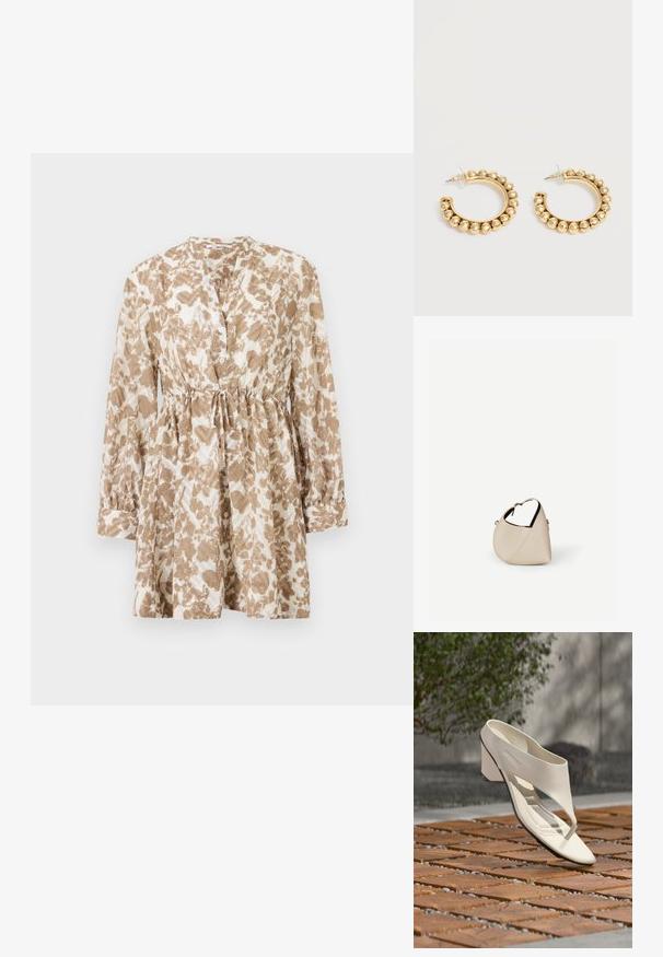 Robe à motifs marron et crème, avec des manches longues, un col rond, une fermeture à boutons sur le devant et une taille à cordon pour un ajustement réglable.; Sandale à talon en cuir blanc avec une large bride et un entre-doigts, exposée en extérieur sur une surface carrelée en bois et en gravier avec de la verdure en arrière-plan.; Sac à main en cuir beige en forme de croissant avec une seule bandoulière et des coutures minimalistes, posé sur un fond blanc uni.; Paire de boucles d’oreilles créoles dorées avec des détails de perles arrondies le long du bord extérieur sur un fond clair.