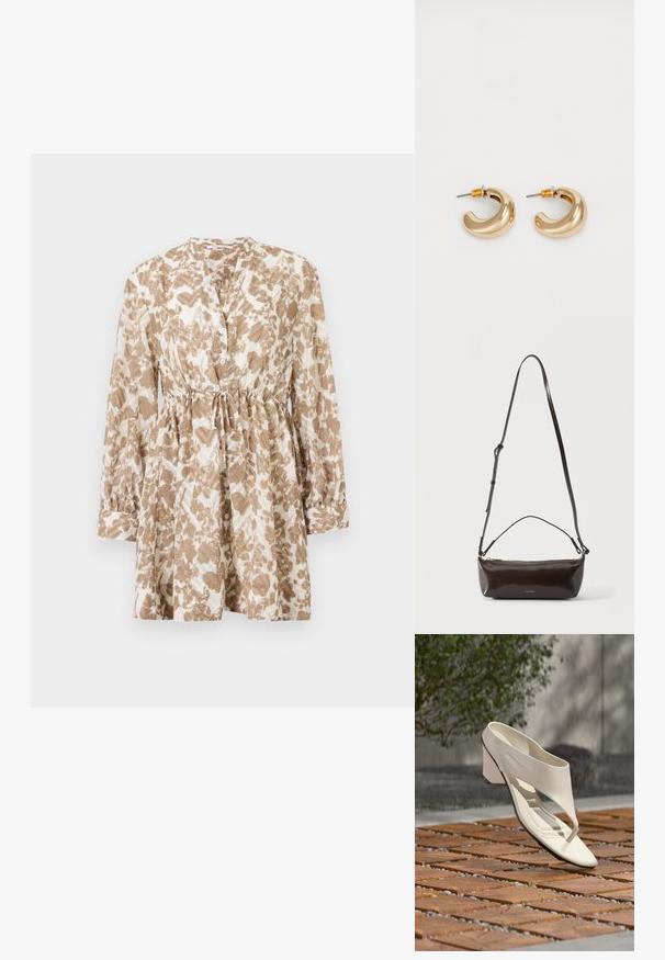 Vestido marrón y crema con estampado, que presenta mangas largas, escote redondo, botonadura frontal y cintura con cordón ajustable para un ajuste personalizado.; Sandalia de tacón de cuero blanco con una tira ancha y separador de dedos, mostrada al aire libre sobre una superficie de madera y baldosas de grava con vegetación al fondo.; Pequeño bolso de hombro de cuero marrón oscuro brillante con correa ajustable, asa superior y cierre de cremallera dorado.; Dos pendientes de aro dorados brillantes en un diseño curvado, con acentos naranjas cerca del poste, sobre un fondo blanco liso.