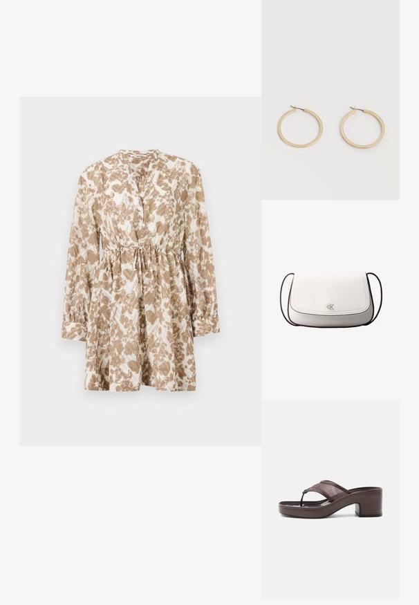 Robe à motifs marron et crème, avec des manches longues, un col rond, une fermeture à boutons sur le devant et une taille à cordon pour un ajustement réglable.; Sandale marron à talon avec lanière en mesh et design en tige, dotée d'un talon bloc et d'une semelle cousue, présentée de profil sur fond blanc.; Sac bandoulière blanc avec fermeture à rabat, petit logo "cK" argenté centré, et fine sangle réglable marron foncé.; Paire de boucles d'oreilles créoles moyennes lisses ton or avec fermoirs à charnière sur fond clair uni.