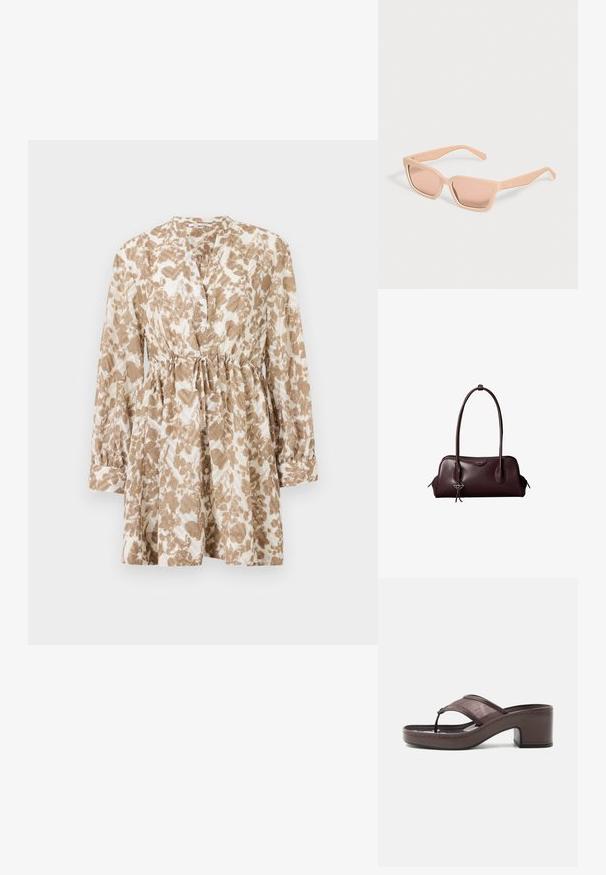 Brun og creme mønstret kjole med lange ærmer, rund halsudskæring, knaplukning foran og snøre i taljen for justerbar pasform.; Brun sandal med hæl med mesh-rem og tæst design, med blokhæl og syet sål, vist i profil mod hvid baggrund.; Rektangulære lyse ferskenfarvede solbriller med tykke stel og matchende tonede linser på en ensfarvet lys baggrund.; Mørkebrun lædertaske fra Calvin Klein med lange dobbelte håndtag og en lille logohængende ved det ene håndtag.