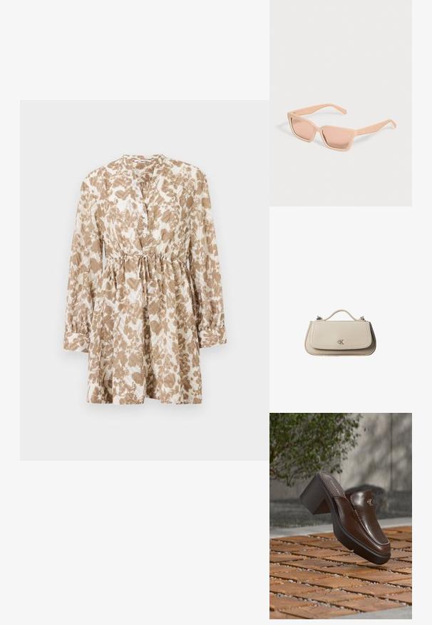 Vestido marrón y crema con estampado, que presenta mangas largas, escote redondo, botonadura frontal y cintura con cordón ajustable para un ajuste personalizado.; Mule con tacón de cuero marrón Calvin Klein flotando sobre un suelo de baldosas de madera con un fondo borroso de planta verde y pared.; Gafas de sol rectangulares color melocotón claro con montura gruesa y lentes tintadas a juego sobre un fondo claro y liso.; Pequeño bolso de mano de cuero beige con asa superior y logo plateado de CK en la solapa frontal, mostrado sobre un fondo blanco.