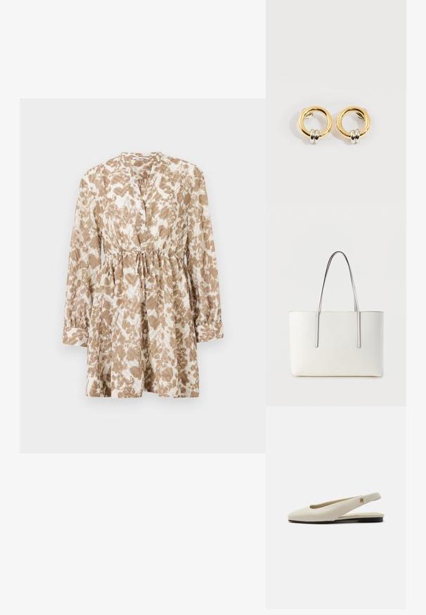 Braunes und cremefarbenes gemustertes Kleid mit langen Ärmeln, einem runden Ausschnitt, Knopfleiste und verstellbarem Kordelzug in der Taille.; cremefarbiger Lederslingback-Flachschuh mit rundem Zehenbereich und kleinem goldfarbenem Emblem am Riemen.; Weiße Tragetasche mit langen, schlanken Griffen. Hergestellt aus glattem Material, mit minimalistischem Design und dezenten Nahtdetails.; Goldene runde Ohrringe mit jeweils zwei kleinen silbernen Ringen, die dezent gravierte Markennamen zeigen, vor weißem Hintergrund platziert.