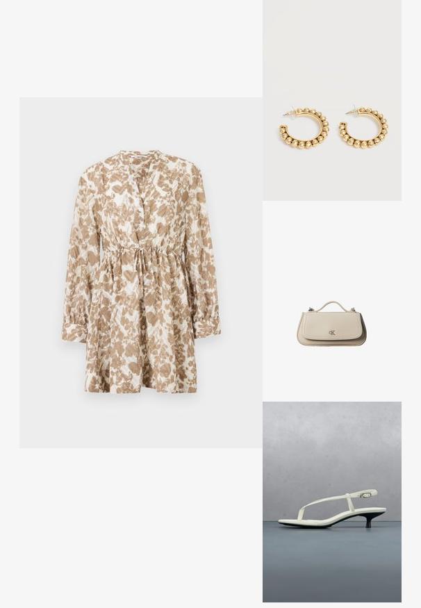 Braunes und cremefarbenes gemustertes Kleid mit langen Ärmeln, einem runden Ausschnitt, Knopfleiste und verstellbarem Kordelzug in der Taille.; Weiße Riemchenpantolette mit kitten heel und spitz zulaufender Zehenpartie, schwebt über einem Holzkachelboden im Freien mit verschwommenem Pflanzen- und Wandhintergrund.; Kleine beigefarbene Lederhandtasche mit oberem Griff und silbernem CK-Logo auf der Frontklappe, vor weißem Hintergrund dargestellt.; Paar goldfarbene Creolen mit abgerundeten Perlendetails entlang des äußeren Randes auf hellem Hintergrund.