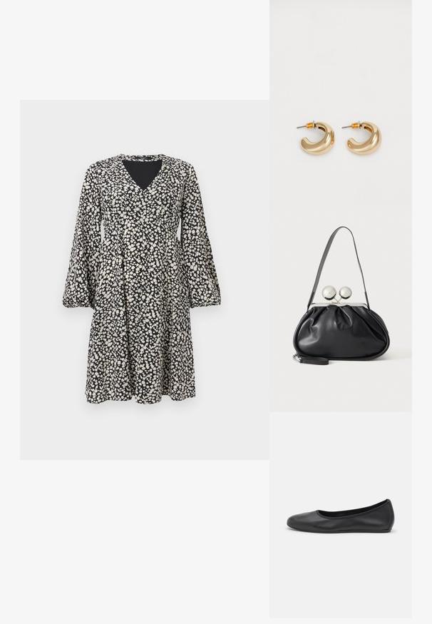 Robe noire à motif floral blanc, manches longues bouffantes, col en V, longueur au genou, coupe ample.; Ballerines en cuir noir avec un bout rond, texture lisse, détails de couture minimalistes et design de semelle flexible.; Sac à main en cuir noir avec un design plissé, une sangle unique, un cadre métallique argenté et deux grandes fermoirs ronds en argent.; Deux boucles d'oreilles en forme de cerceau en or brillant, avec un design courbé, présentant des accents orange près de la tige, sur fond blanc uni.