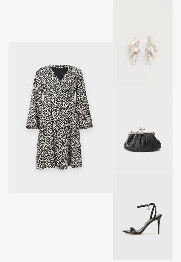 Robe noire à motif floral blanc, manches longues bouffantes, col en V, longueur au genou, coupe ample.; Sandale à talon haut noire avec une bride étroite à la cheville, bout carré, cuir lisse et accent de boucle métallique.; Porte-monnaie en cuir noir avec texture froncée, cadre en métal argenté, fermeture à verrouillage kiss-lock et bandoulière en chaîne. Surface lisse et douce.; Boucles d'oreilles clips en métal argenté torsadé avec une finition lisse et brillante, présentant un design moderne et abstrait en spirale.