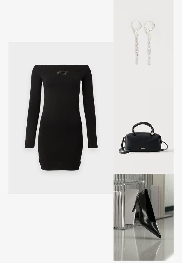 Robe noire à épaules dénudées, à manches longues, design ajusté, en tissu lisse, avec un texte orné sur la poitrine.; Chaussure noire à talon haut avec bout pointu et logo doré, posée sur une surface réfléchissante près d'un organiseur de dossiers en fil chromé contenant des documents.; Sac à main Hugo noir avec poignées supérieures tressées, quincaillerie dorée et bandoulière amovible sur fond clair uni.; Boucles d'oreilles pendantes en argent avec des cristaux clairs rectangulaires et ronds alignés verticalement, sécurisées par des fermoirs à levier.