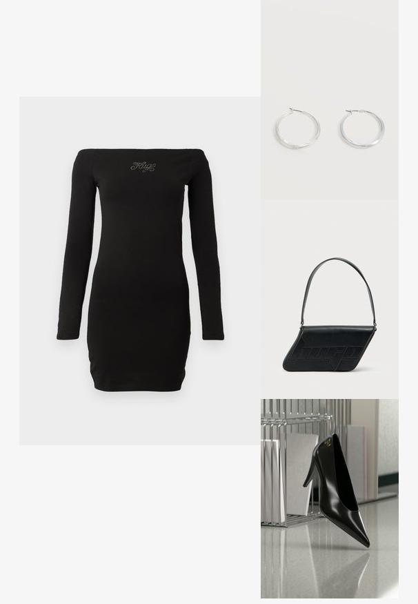 Zwarte off-the-shoulder jurkje met lange mouwen, aansluitend ontwerp, gemaakt van zachte stof, met versierde tekst op de borst.; Zwart hooggehakt schoen met puntige neus en gouden logo, geplaatst op een reflecterend oppervlak naast een verchroomde draadordner met documenten.; Zwarte leren schoudertas met een driehoekige vorm, geperst logo en een enkele verstelbare riem. Minimalistisch ontwerp met een gladde textuur.; Zilverkleurige metalen creolen oorbellen met een glad, licht gebogen oppervlak en sluitingen met haaksluiting op een effen witte achtergrond.