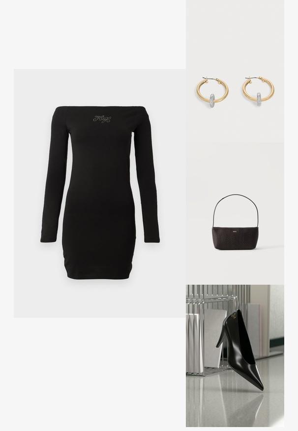 Zwarte off-the-shoulder jurkje met lange mouwen, aansluitend ontwerp, gemaakt van zachte stof, met versierde tekst op de borst.; Zwart hooggehakt schoen met puntige neus en gouden logo, geplaatst op een reflecterend oppervlak naast een verchroomde draadordner met documenten.; Zwarte geweven gestructureerde handtas met een enkele schouderriem en een klein gouden "BOSS"-logo voor in het midden.; Paar goudkleurige creolen met kleine zilverkleurige lusdetail op elk, weergegeven tegen een lichtgrijze achtergrond.