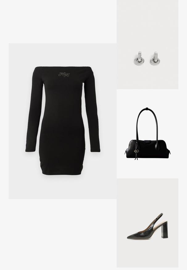 Vestido negro de manga larga y hombros al aire, diseño ajustado, hecho de una tela suave, cuenta con texto adornado en el pecho.; Zapato slingback de piel negra con puntera puntiaguda, tacón alto y ancho, y forro interior beige sobre un fondo claro y liso.; Bolso de mano negro de cuero Calvin Klein con asas largas, una etiqueta con el logo frontal y un colgante geométrico plateado que cuelga de una de las asas.; Par de pequeños pendientes de aro plateados brillantes con base redonda, exhibidos sobre un fondo claro y liso.