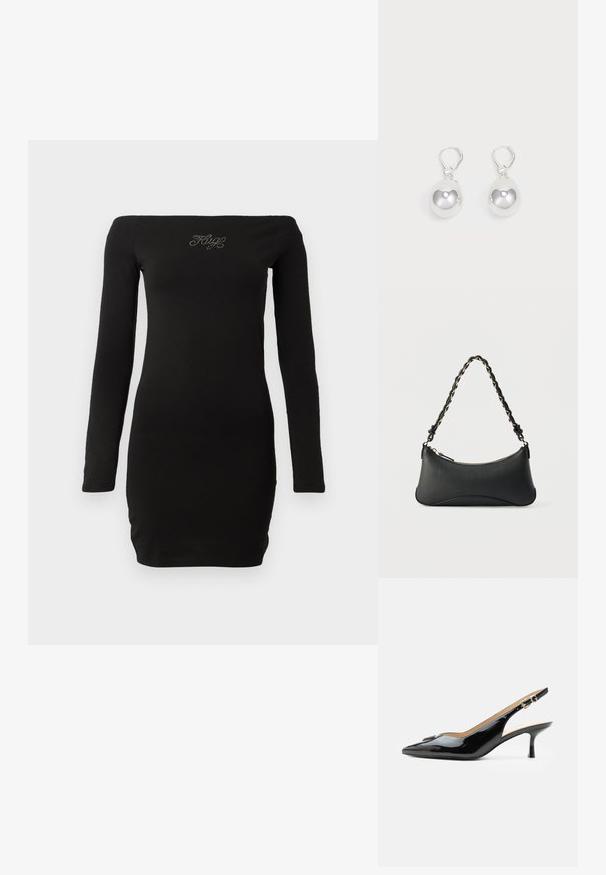 Zwarte off-the-shoulder jurkje met lange mouwen, aansluitend ontwerp, gemaakt van zachte stof, met versierde tekst op de borst.; Zwarte lakleren slingback hak met spitse neus, kleine kittenhak en zilveren gespsluiting op een effen witte achtergrond.; Zwarte lederen schoudertas met een gebogen rechthoekige vorm, gouden ketting verweven in een gevlochten zwarte band, en een ritssluiting bovenop.; Zilveren druppeloorbellen met gladde, ronde, reflecterende oppervlakken die hangen aan klapring-sluitingen. Achtergrond is puur wit.