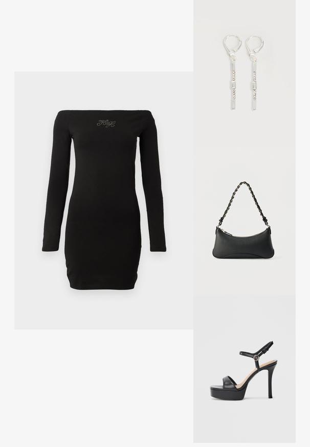 Zwarte off-the-shoulder jurkje met lange mouwen, aansluitend ontwerp, gemaakt van zachte stof, met versierde tekst op de borst.; Zwarte platformsandalen met een hoge naaldhak, voorzien van een glad leren bovenkant, een peep-toe ontwerp en een verstelbare enkelriem met beslag.; Zwarte lederen schoudertas met een gebogen rechthoekige vorm, gouden ketting verweven in een gevlochten zwarte band, en een ritssluiting bovenop.; Zilveren hangende oorbellen met rechthoekige en ronde heldere kristallen in een verticale lijn, bevestigd met leverback-sluitingen.
