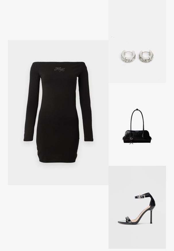 Zwarte off-the-shoulder jurkje met lange mouwen, aansluitend ontwerp, gemaakt van zachte stof, met versierde tekst op de borst.; Zwarte sandalen met hoge hak van lakleer en een enkelriempje. Heeft een minimalistisch ontwerp, open teen en een gesp met strass-steentjes.; Zwarte schoudertas van leer met krokodillenstructuur, lange banden en een klein zilveren logohanger aan één band.; Guess STYLISH - Oorbellen - silver-coloured