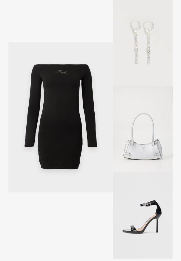 Zwarte off-the-shoulder jurkje met lange mouwen, aansluitend ontwerp, gemaakt van zachte stof, met versierde tekst op de borst.; Zwarte sandalen met hoge hak van lakleer en een enkelriempje. Heeft een minimalistisch ontwerp, open teen en een gesp met strass-steentjes.; Zilveren handtas met een gestructureerd ontwerp, voorzien van twee handvatten, een glanzende textuur, opvallende hardware en een driehoekig logo aan de voorkant.; Zilveren hangende oorbellen met rechthoekige en ronde heldere kristallen in een verticale lijn, bevestigd met leverback-sluitingen.