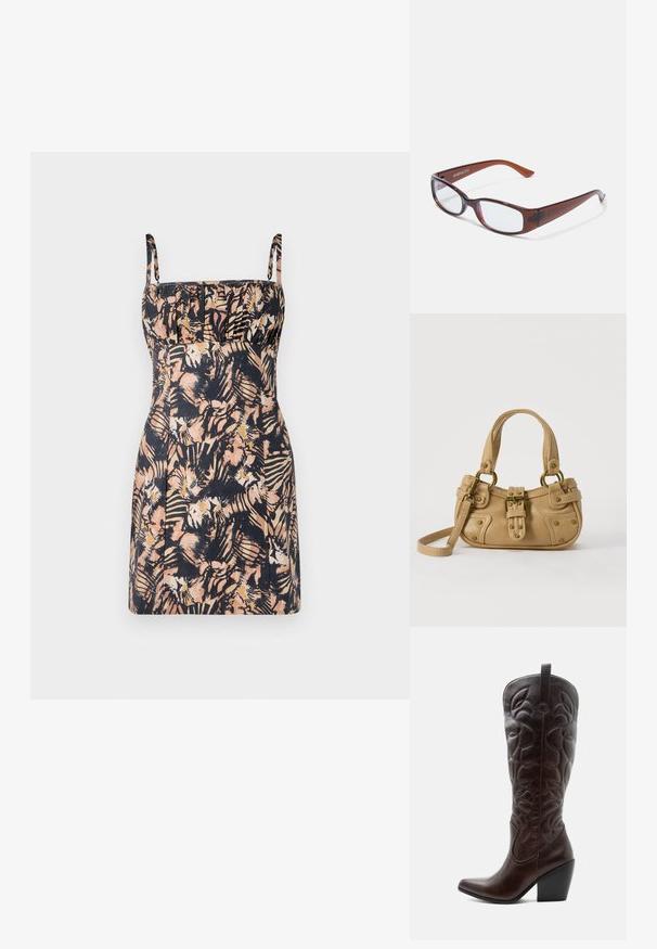 Robe ajustée sans manches avec encolure carrée, fines bretelles et motif floral abstrait en noir, beige et tons pêche.; Botte de cowboy haute en cuir marron foncé avec motifs décoratifs cousus, bout pointu et talon bloc empilé.; Lunettes rectangulaires teintées de brun avec une finition brillante, dotées de branches fines et de verres transparents. Logo visible sur la branche gauche.; Sac à main en cuir beige avec double poignées, boucle en laiton et détails rivetés, ainsi qu'une bandoulière réglable sur fond blanc.